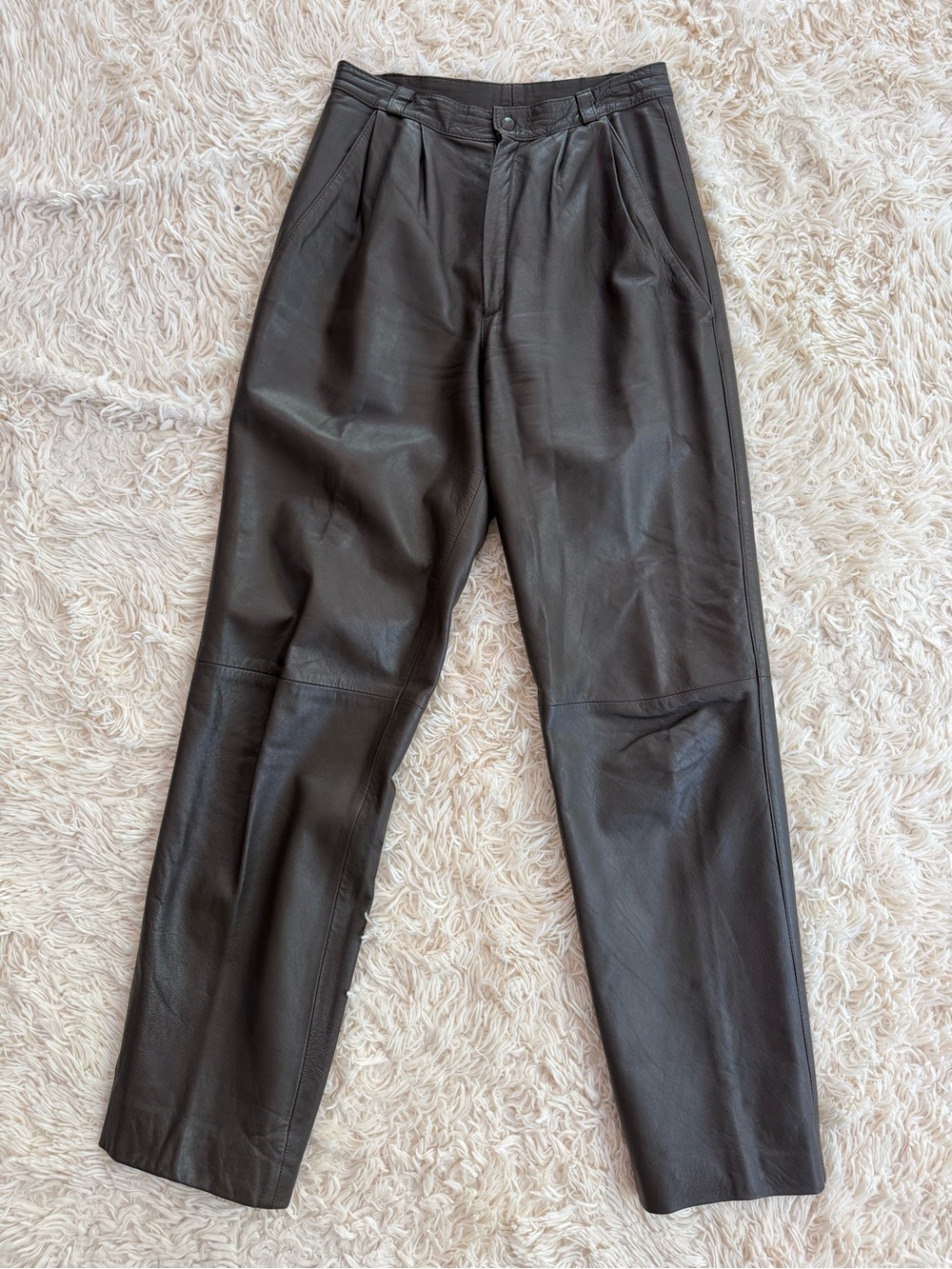 Vintage Brown Genuine Leather High Waist Straight Leg Pants Trousers Size S 42